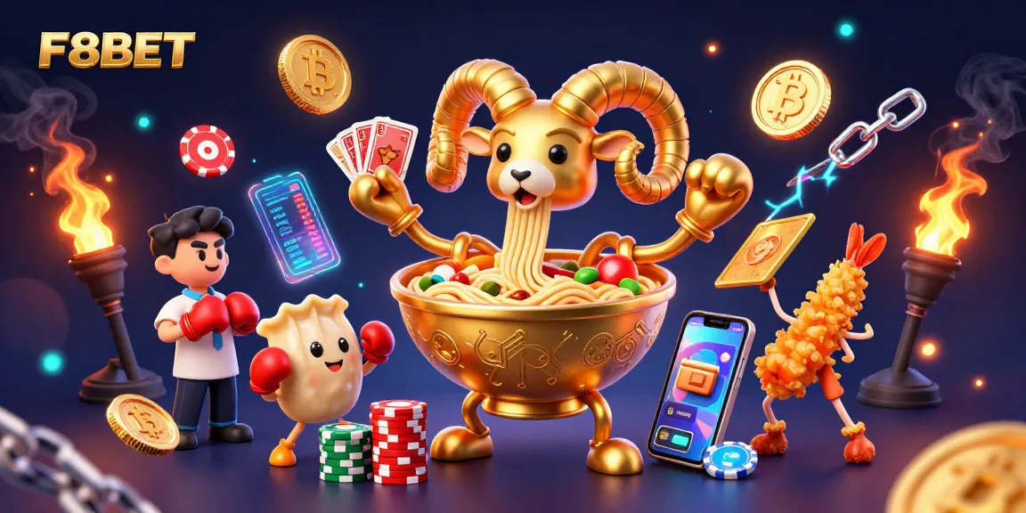 F8BET showcases a lively casino scene with a whimsical ramen bowl dealer, vibrant game elements, and digital excitement.
