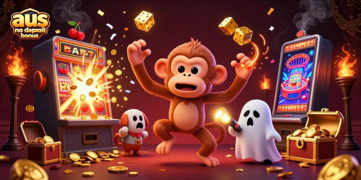 Bustling scene illustrating the aus no deposit bonus featuring a playful poltergeist monkey juggling casino items and a ghost-hunter puppy.