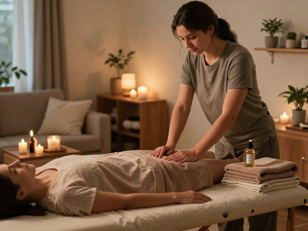 A serene home massage environment showcasing 은평구출장안마 service with relaxing elements, including calming candles and cozy decor.