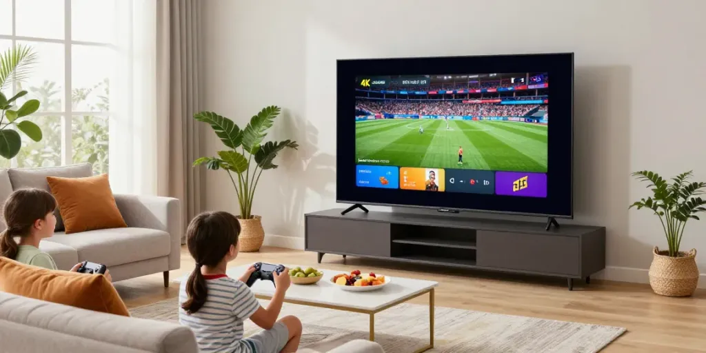 Family enjoying 4K sports streaming with digitaline iptv in a modern living room.