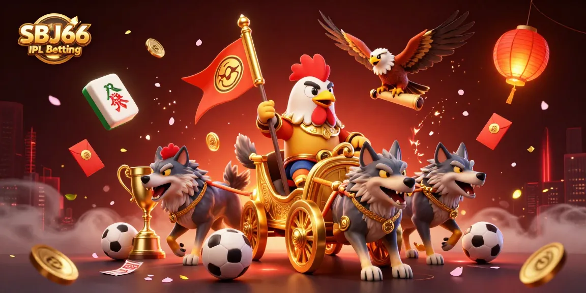 Engage in SBJ66 IPL Betting with an exciting illustration featuring a rooster warlord and dynamic casino elements.