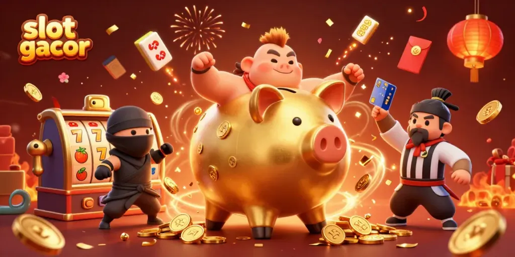 Mengguncang koin emas, slot gacor, dan karakter kasino meriah dalam ilustrasi 3D.