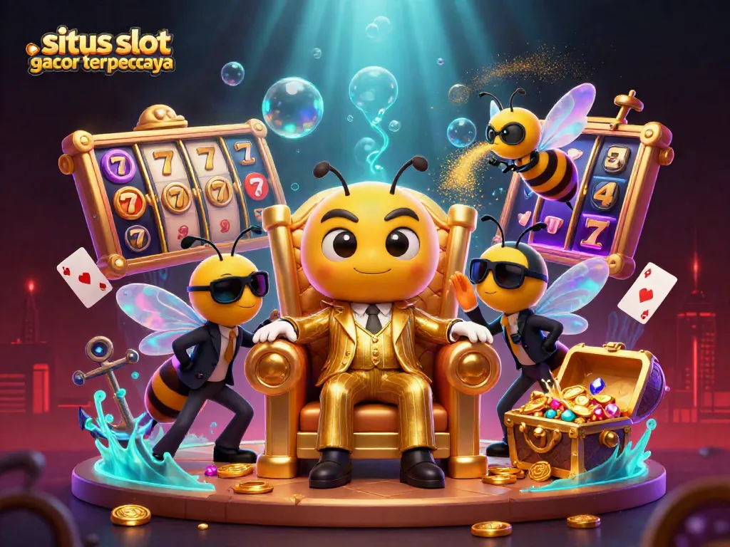 This dynamic 3D scene showcases a situs slot gacor terpercaya theme with engaging casino elements and vibrant characters.