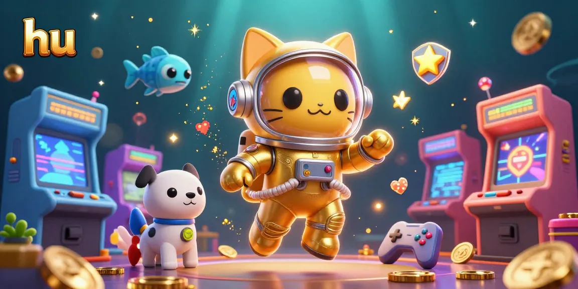 Experience thrilling gaming with hu as a stylish cat astronaut navigates vibrant cosmic arcade elements.
