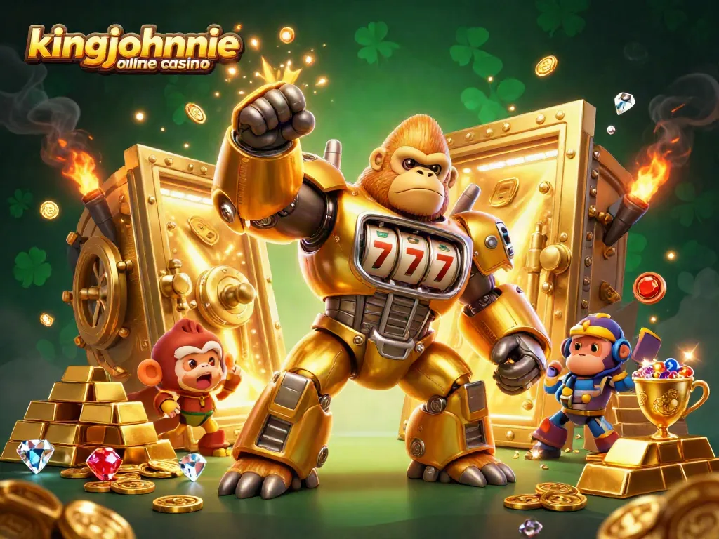 Experience the excitement at kingjohnnie online casino with a vibrant 3D cartoon scene featuring a golden gorilla mech and treasure elements.