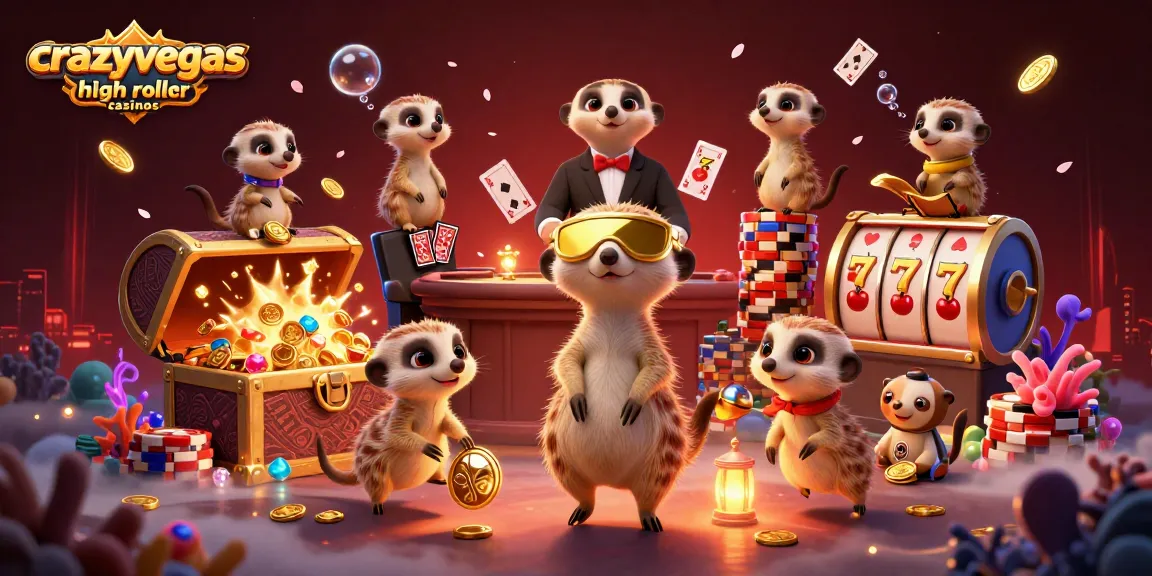 Crazy Vegas high roller casinos depict vibrant meerkats running a casino with gold coins, slot elements, and lively gameplay.