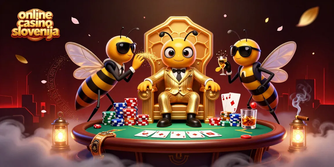 Video igra online casino Slovenija z 3D risanjem, ki vključuje bumbarja in poker elemente.