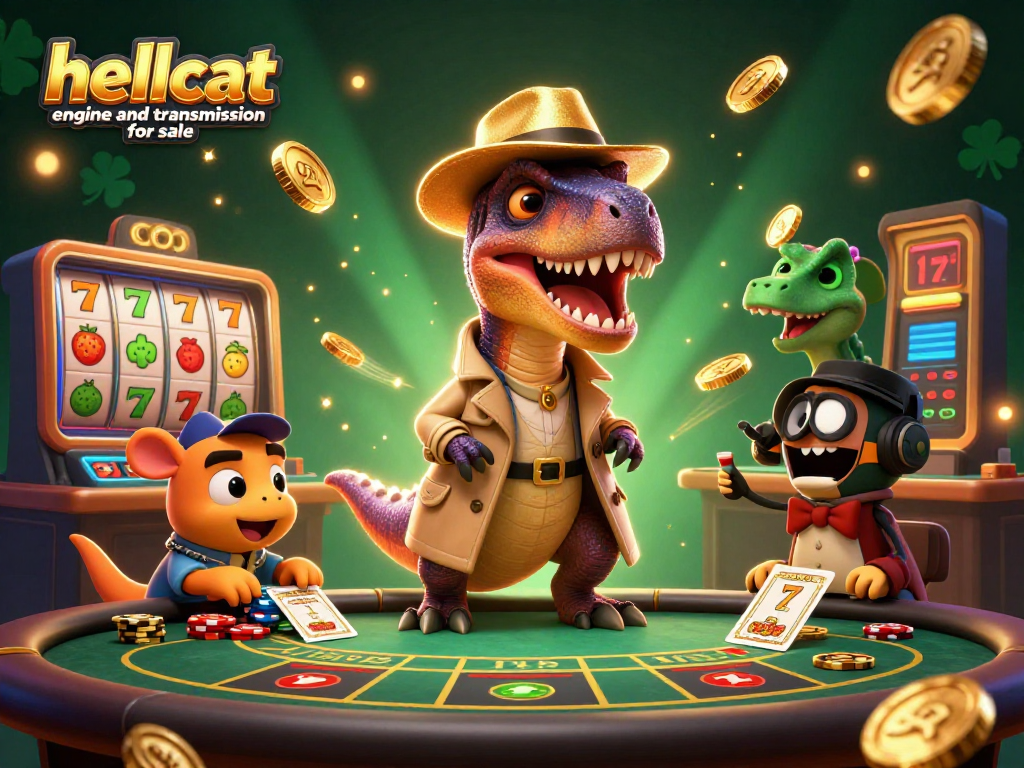 Experience the thrill with hellcat engine and transmission for sale in this vibrant casino scene featuring cartoon dinosaurs.