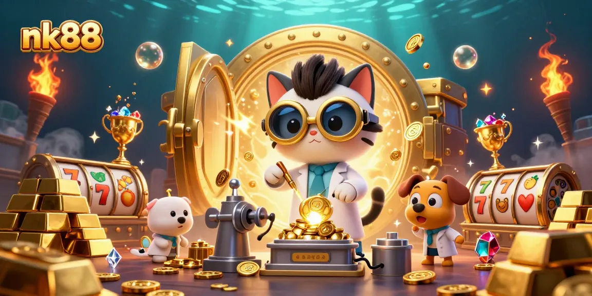 Engage in thrilling gaming adventures with nk88, featuring a mad scientist cat and dog amidst lavish casino treasures.