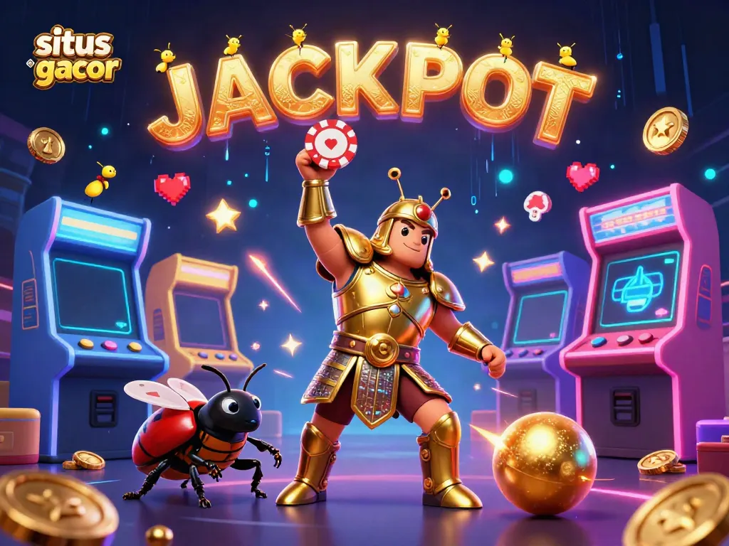 Embrace the excitement with situs slot gacor, featuring victorious characters and vibrant gaming elements.