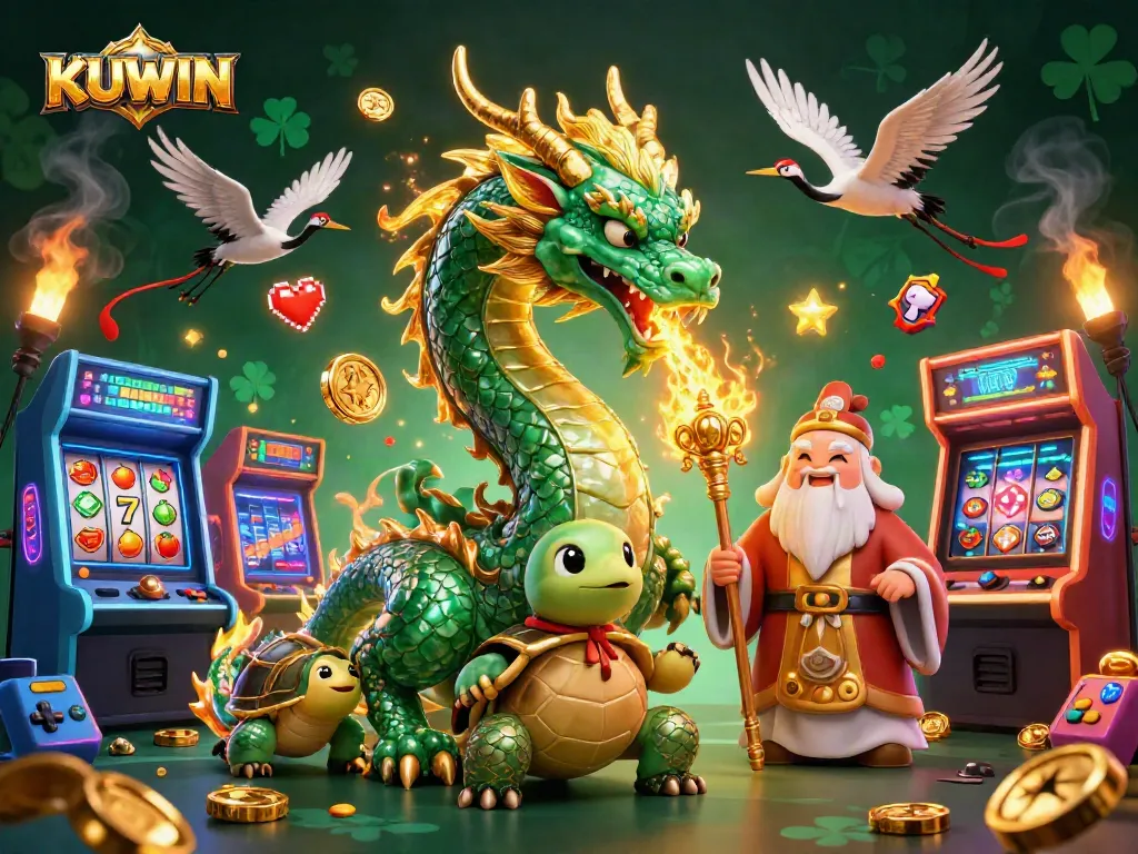 Experience thrilling gaming action with KUWIN in a vibrant casino-themed illustration featuring epic characters.