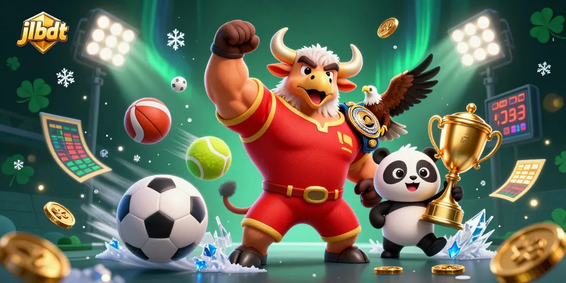 Bet on exciting wins with jlbdt: a powerful bull, eagle, and panda celebrating in a vibrant casino scene.
