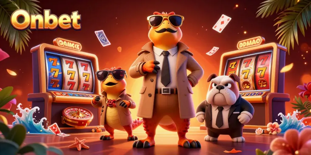 Raptors entering the Onbet casino VIP lounge filled with 3D slot games and colorful casino elements.