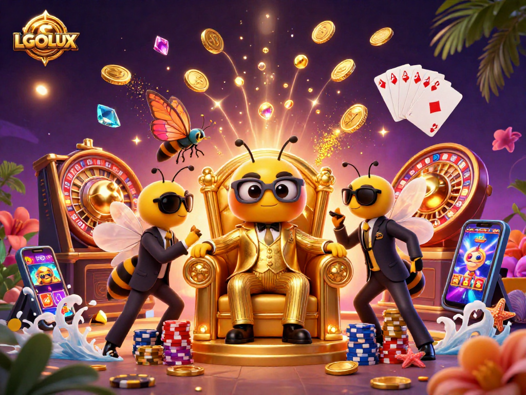 Experience excitement with LGOLUX through a dazzling casino scene featuring slots, cards, and gold coins.