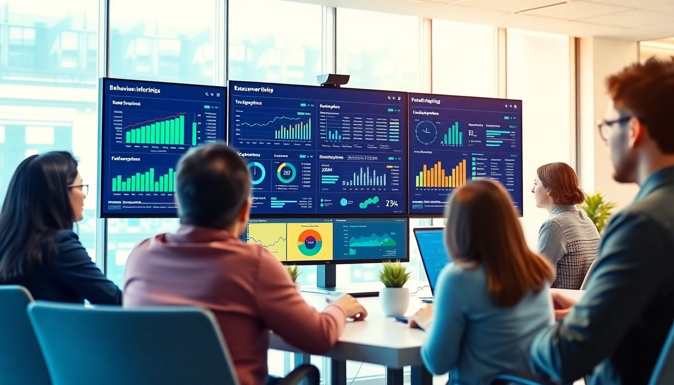 Highlighting a behavioral lead scoring website through data visualization in a modern office.