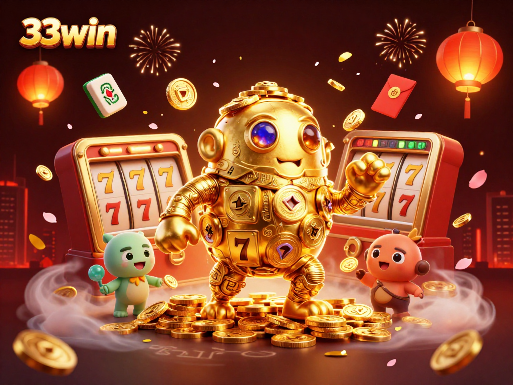Engage with the vibrant world of 33win featuring a stacked golden golem amidst slot reels and festive elements.