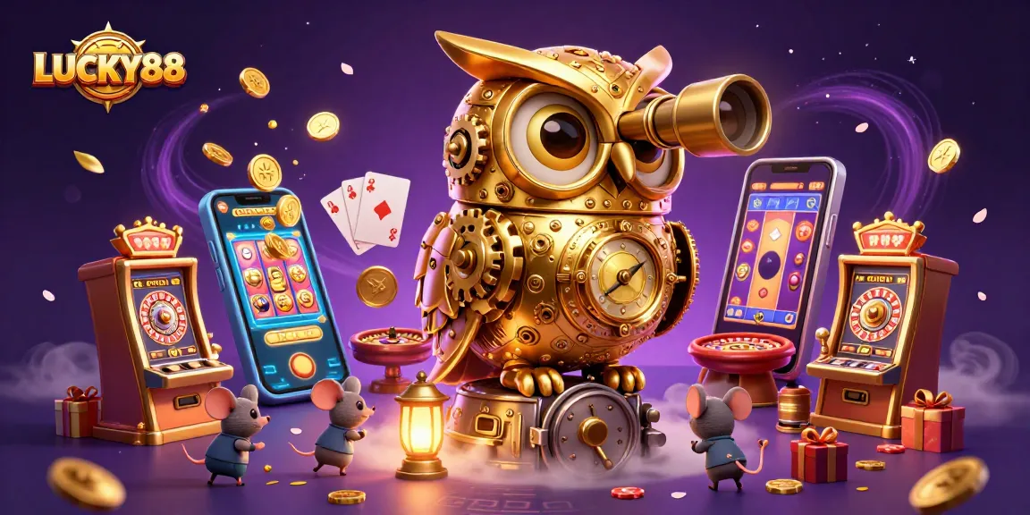 LUCKY88 celebrates the thrill of slots with a vibrant 3D scene featuring a golden owl and mini patrons.