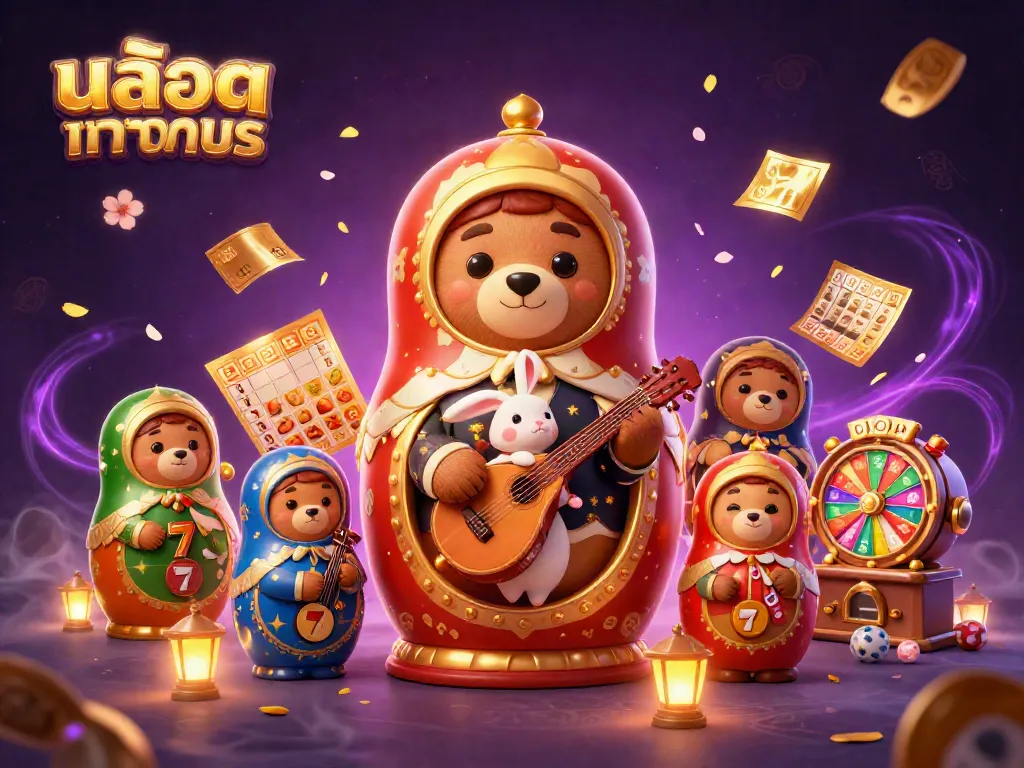 Engage with สล็อตทดลอง in this vibrant 3D casino scene featuring animated bears and lively gaming elements.