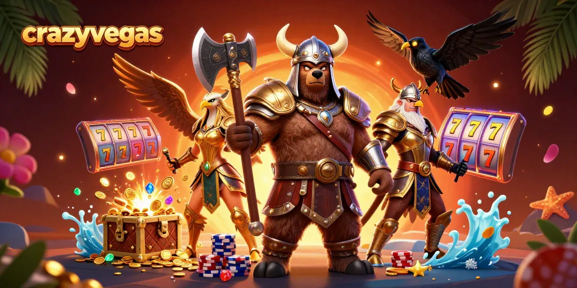 Experience thrilling gameplay at crazyvegas with cartoon Viking and eagle amidst slot reels and treasure.