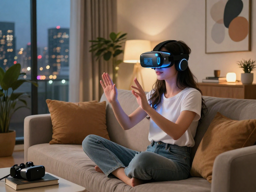 AI girlfriend providing companionship in a cozy, modern living room with warm ambiance.