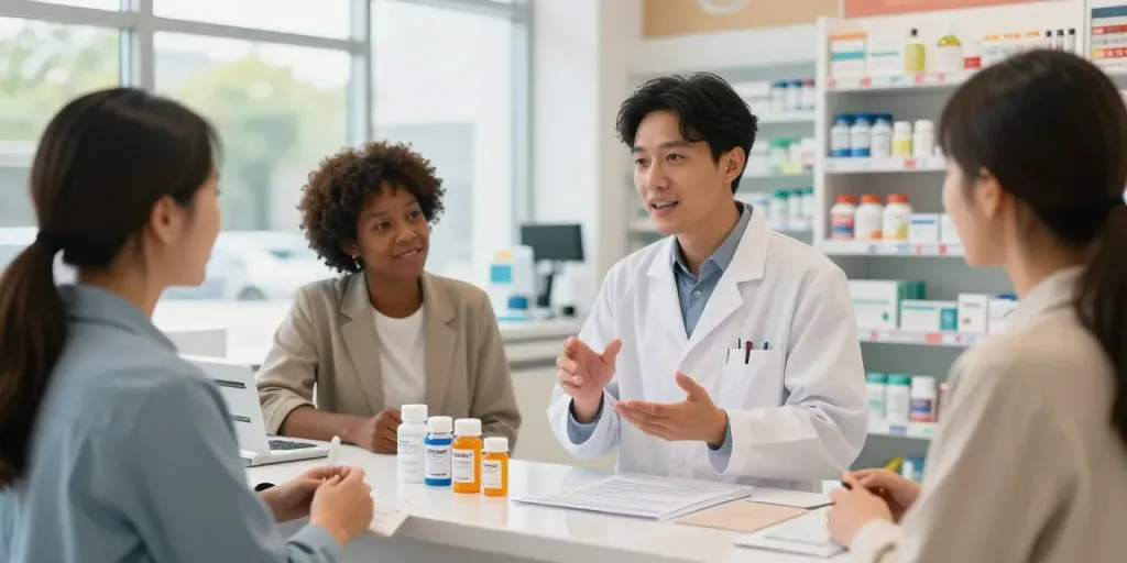 Buy Retatutide Canada at a friendly pharmacy, showcasing health discussions and wellness products.