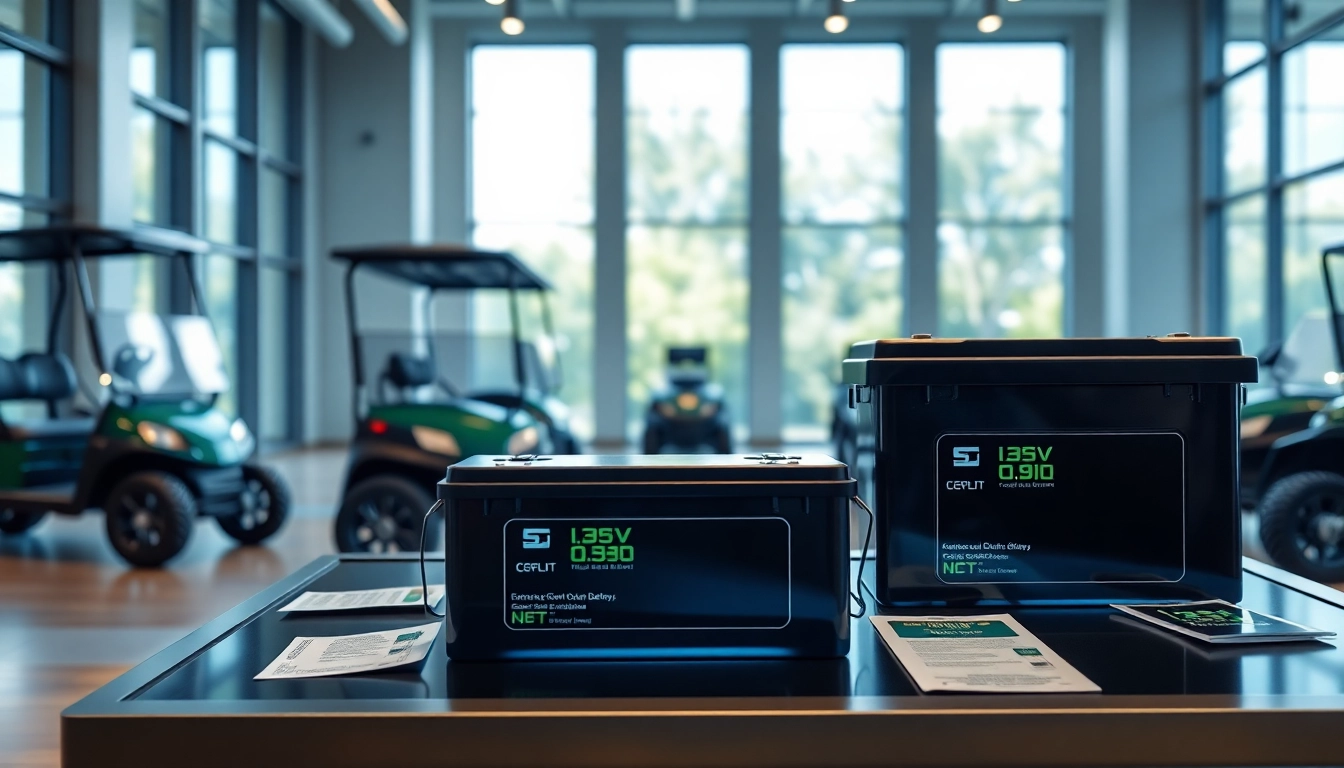 Lithium golf cart batteries displayed professionally, showcasing design and technology features.
