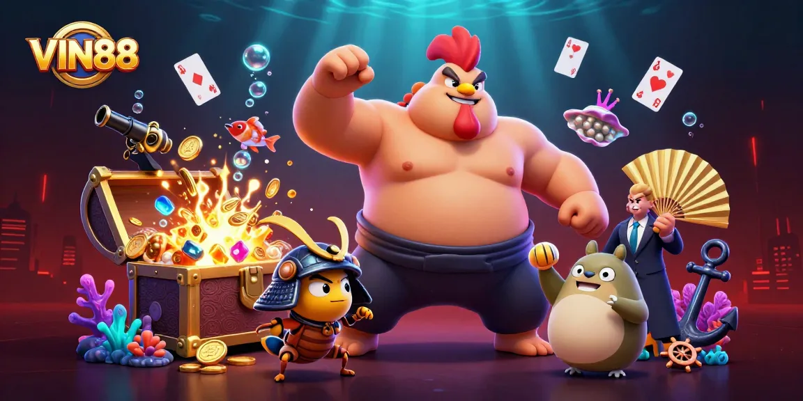 Engage with VIN88's immersive gameplay through a vibrant 3D casino battle illustration.