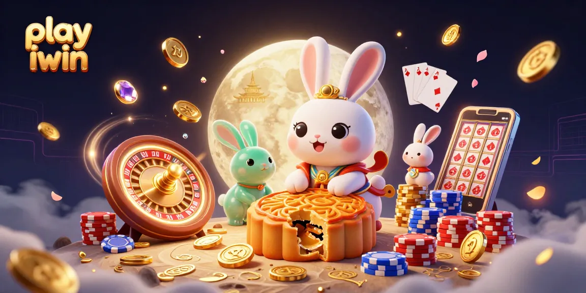 Play iwin and win big with a vibrant 3D casino illustration featuring a moon rabbit and rich gaming elements.