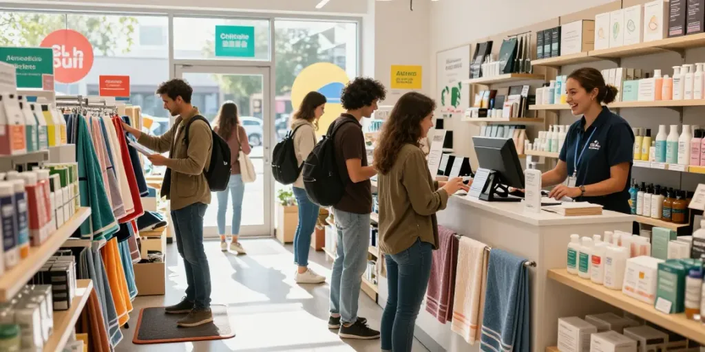 Shoppers exploring eco-friendly products at Shopsmart retail store.