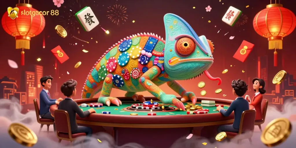 Engage with slot gacor 88, where a vibrant chameleon casino owner interacts with lively game symbols.