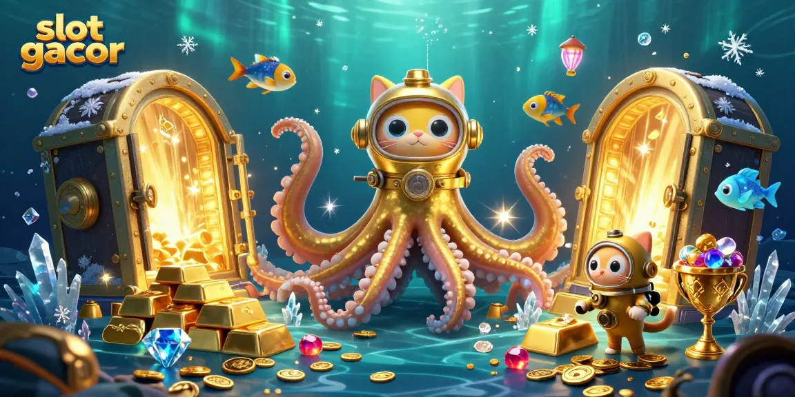 Spin to win with slot gacor in a vibrant, treasure-filled ocean scene featuring a kraken and diving cat.