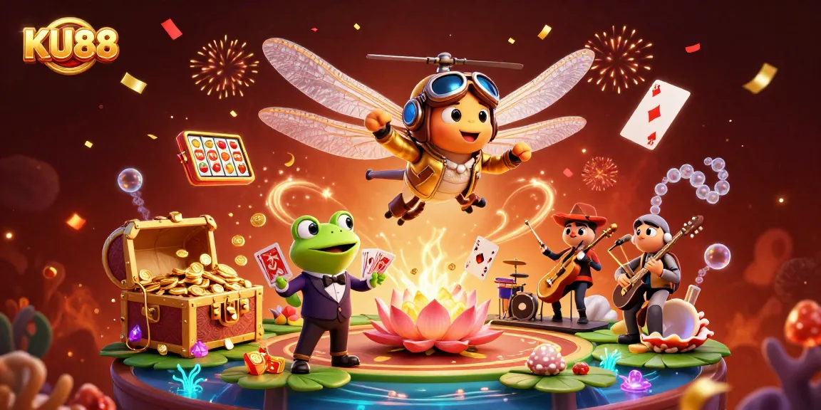 Experience exciting wins with KU88 casino featuring a vibrant 3D illustration showcasing engaging games and characters.