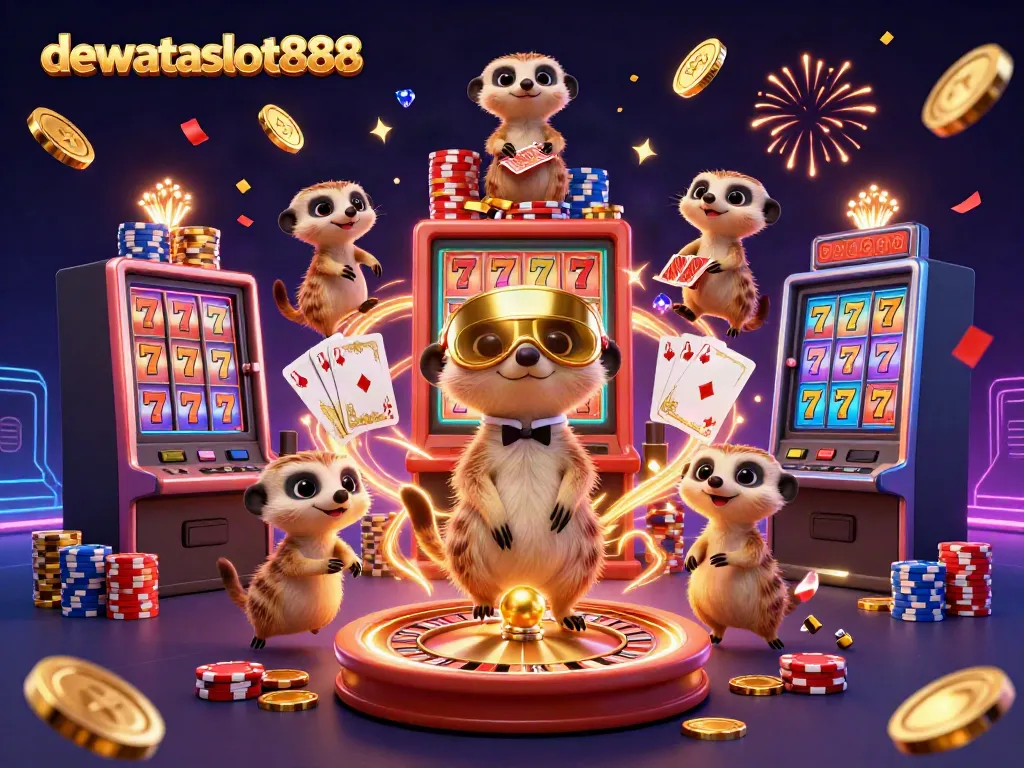 Meeerkats menjalankan operasi kasino di dewataslot888 dengan mesin slot dan tumpukan chip berwarna-warni.
