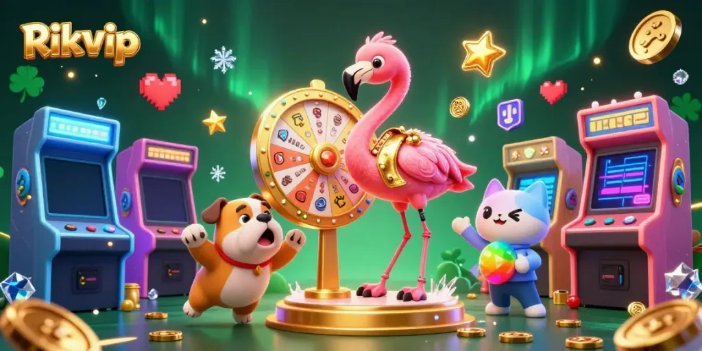 Engage in thrilling games at Rikvip with our vibrant game show scene featuring a flamingo and bulldog!