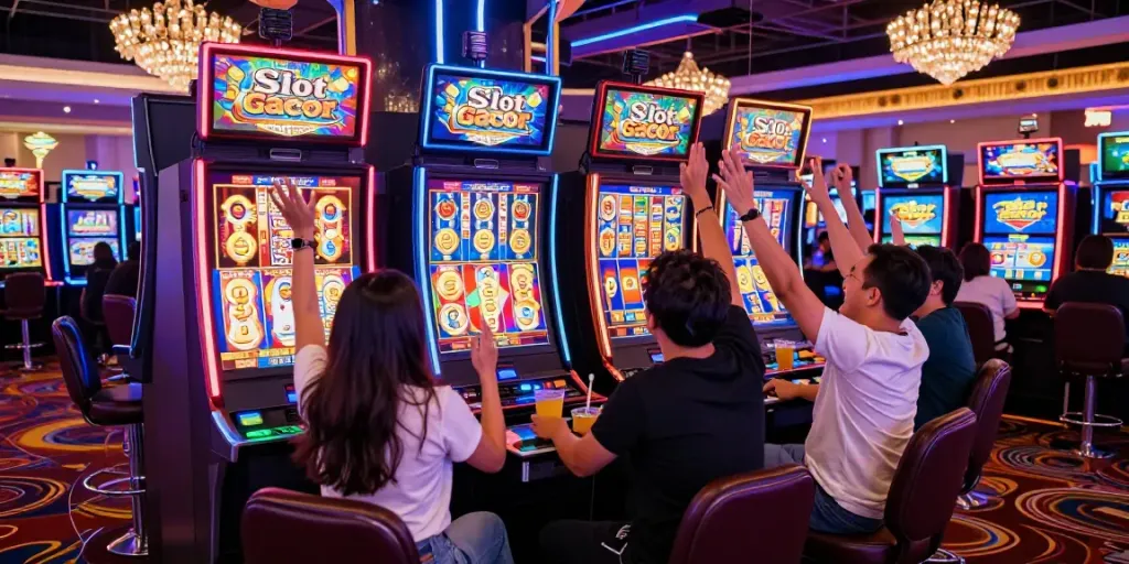Celebration at a slot gacor machine in a vibrant casino environment.