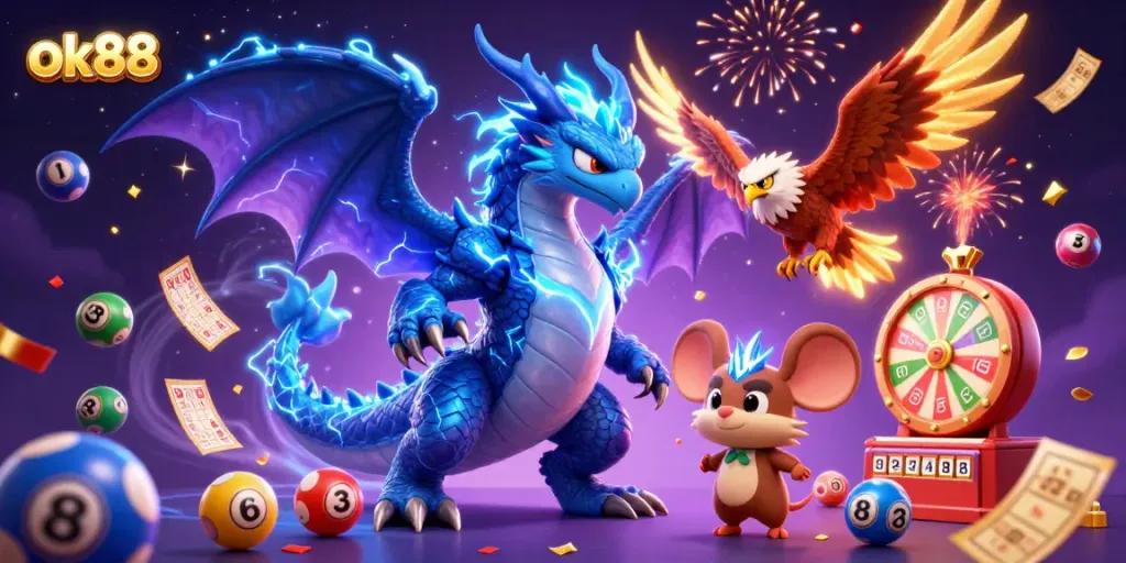 Engage with the exciting world of ok88 with vibrant bingo and lottery elements in a rich, dynamic scene.