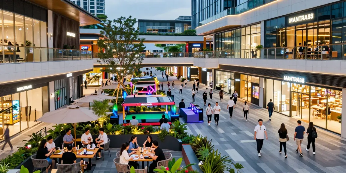 MANTRA88 entertainment complex bustling with diverse visitors enjoying the vibrant outdoor plaza.