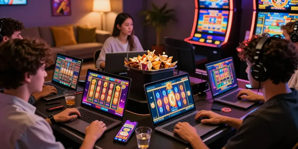 Players enjoying engaging slot jackpot games online in a cozy setting.