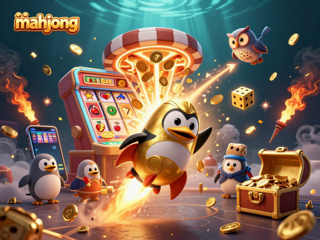 Experience the thrill of mahjong in a vibrant 3D casino scene with golden coins, jackpots, and action elements.