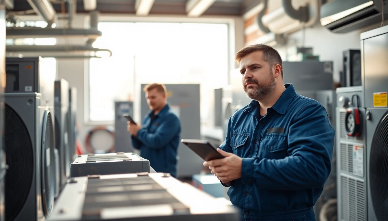 HVAC dealers performing maintenance in a bright, professional environment.