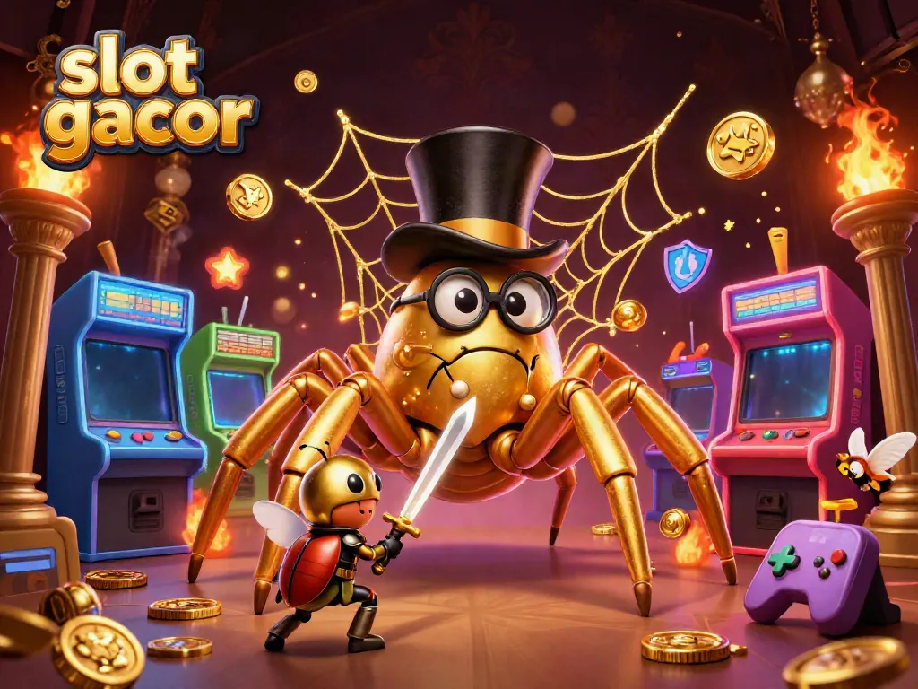 Slot gacor menampilkan tarantula emas besar dan ksatria kumbang, di pilar kasino.
