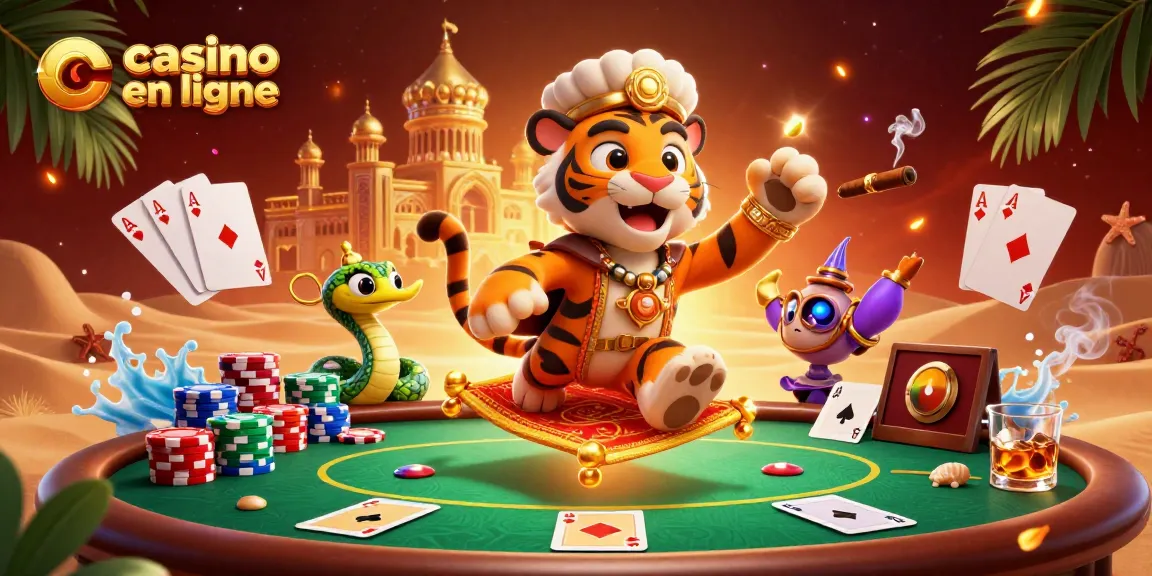 Profitez d'une scène captivante de casino en ligne avec un sultan tigre et des éléments de jeu fascinants.