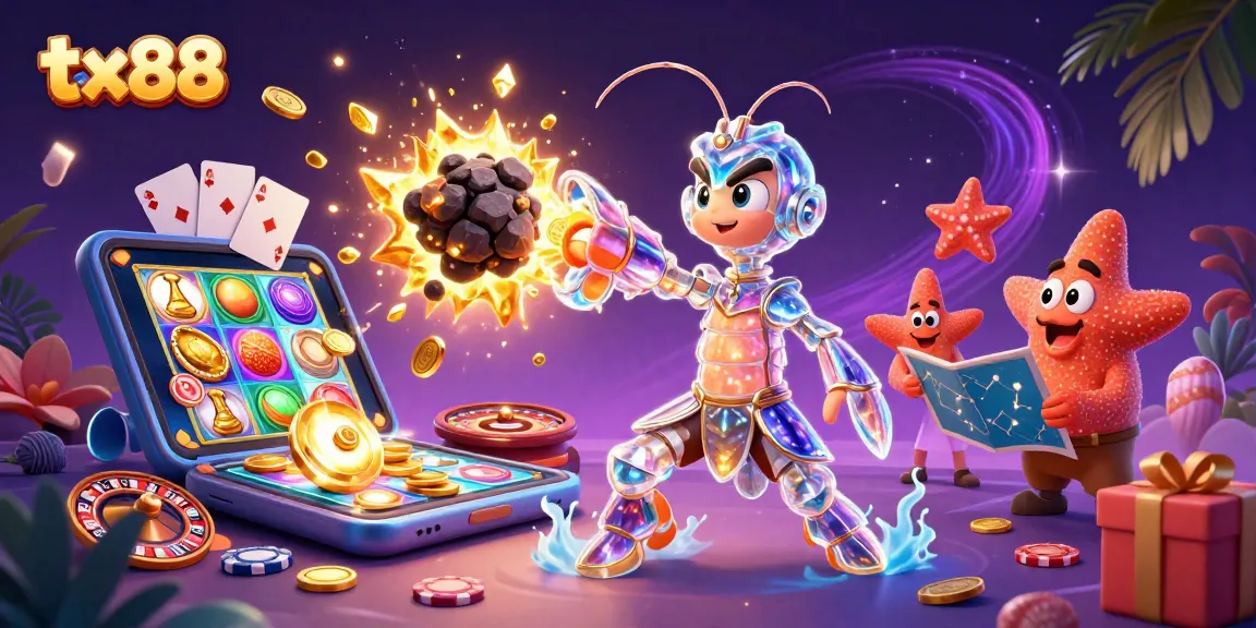 tx88 showcases an explosive 3D casino scene with coins and games, perfect for gaming enthusiasts.