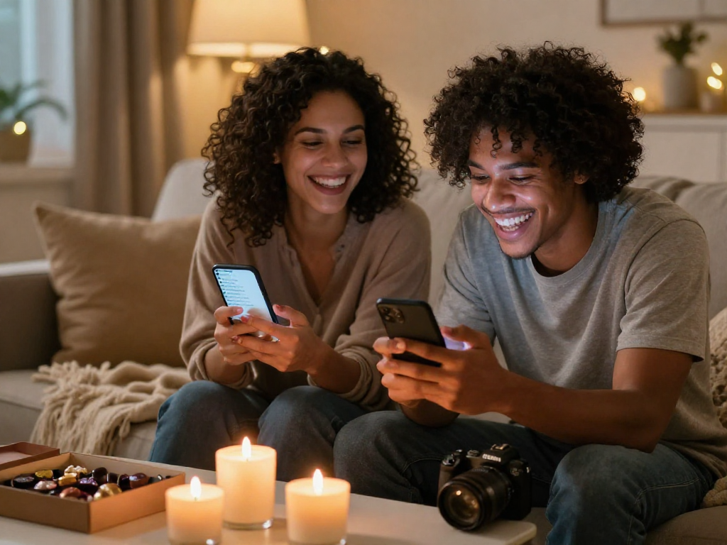 Engaging ai sexting moment between a couple in a cozy setting, showcasing playful messages on smartphones.