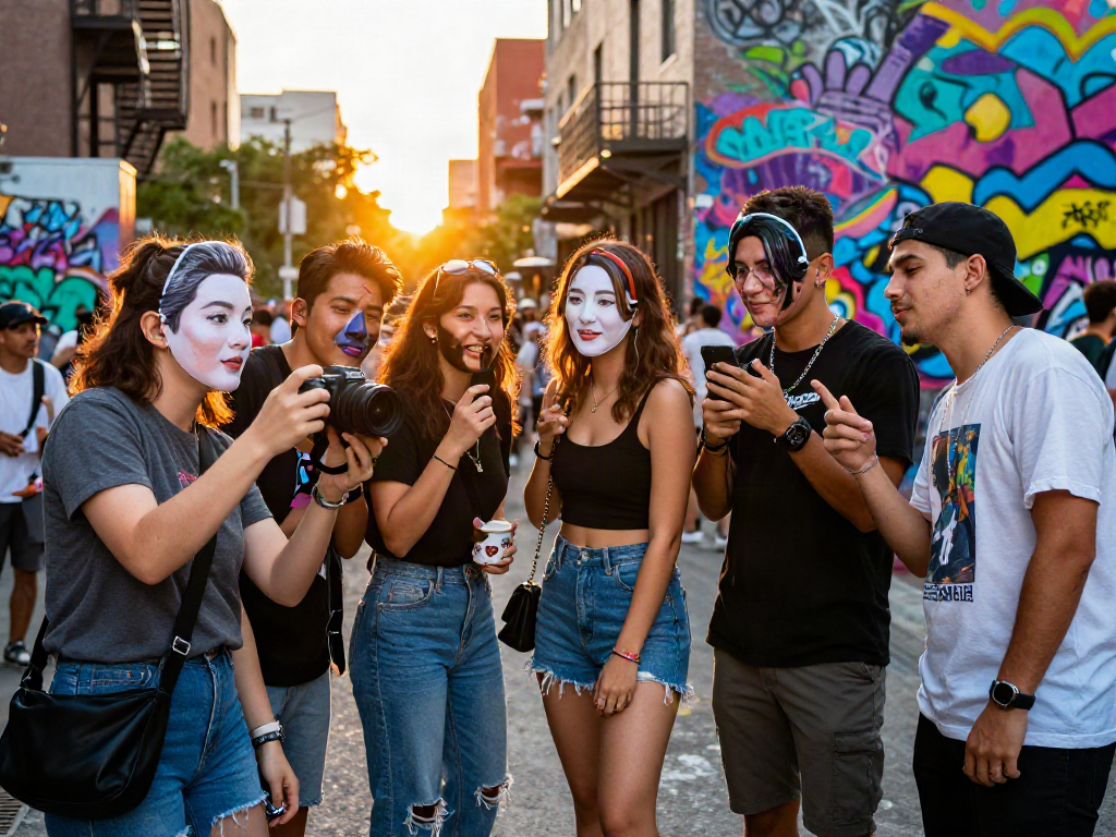 Friends celebrating their celebrity look alike experience with vibrant street art.