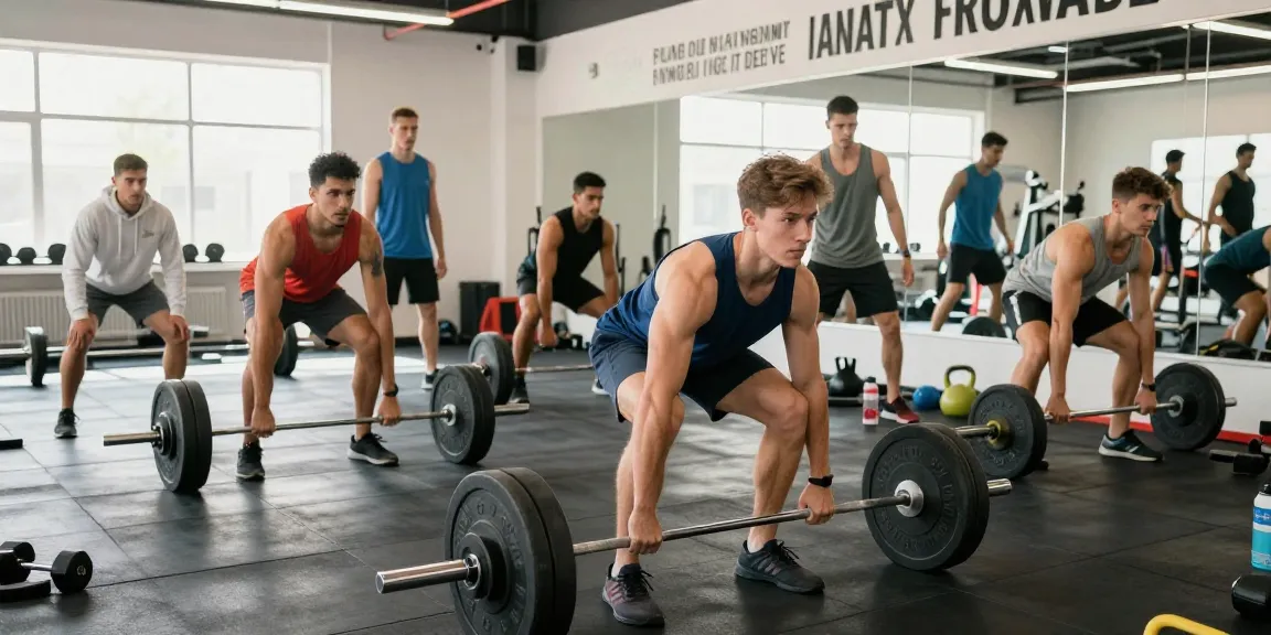 Men's workout clothes highlighted in an energetic gym scene with diverse athletes lifting weights and wearing stylish gear.