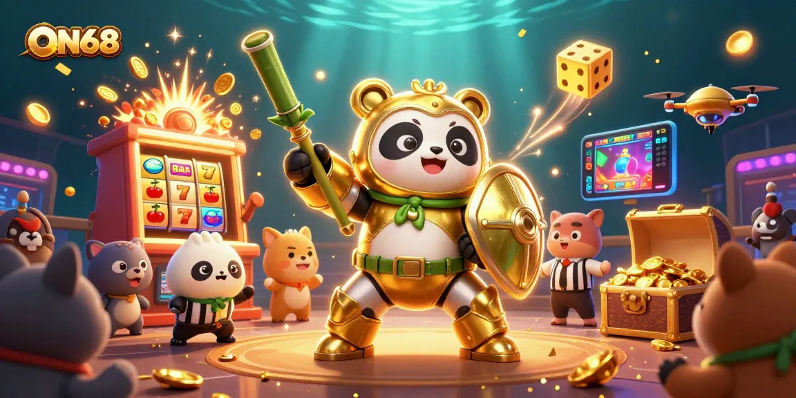 Play with excitement at ON68 as the golden panda battles in a vibrant casino arena full of rewards.