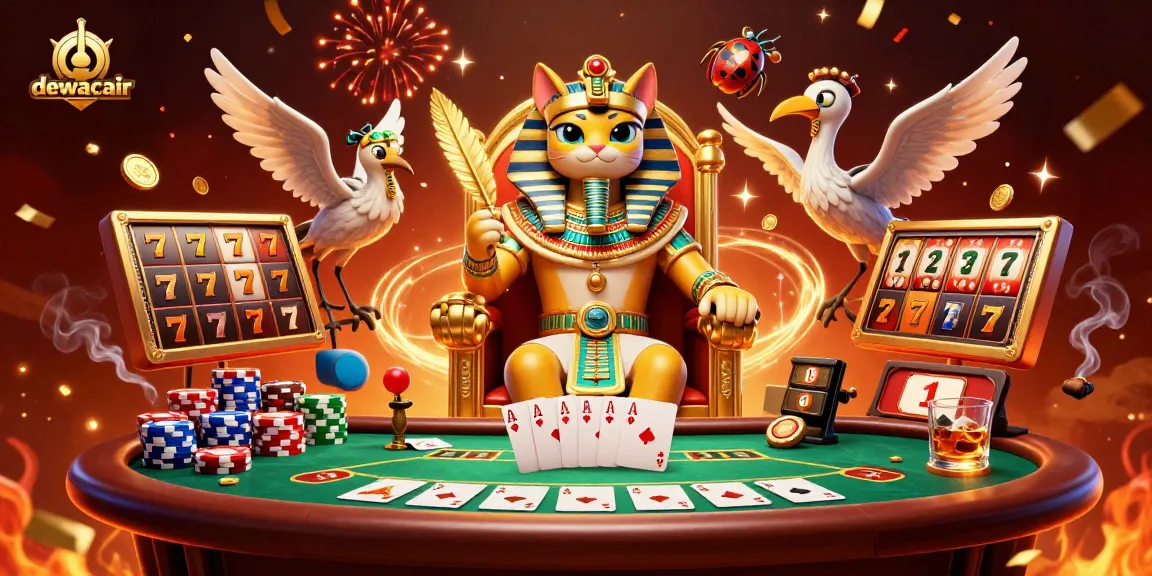 Experience the thrill of playing at dewacair with a vibrant 3D casino illustration of Egyptian pharaoh cat and poker elements.