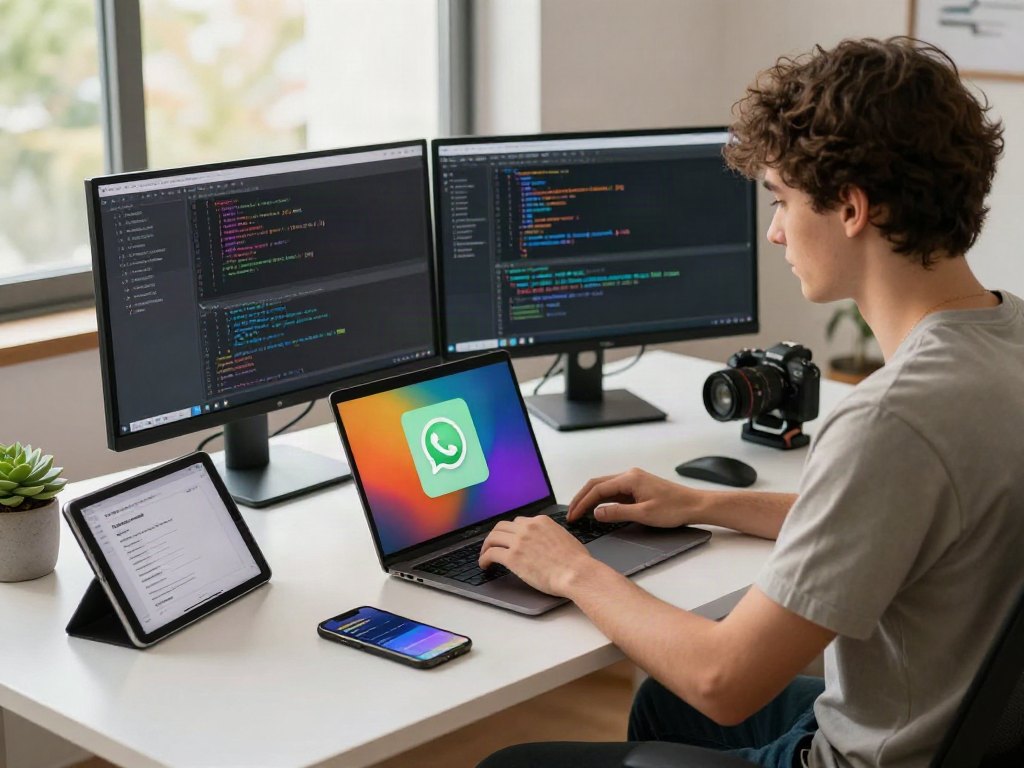 Developer immersed in coding on gbwhatsapp app interface in a modern workspace, blending technology and creativity.