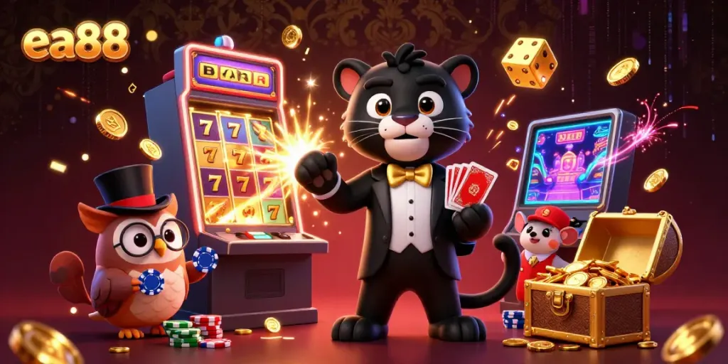 Chơi game tại ea88 với chú báo cách điệu, cú và chuột trong khung cảnh sòng bạc sống động.